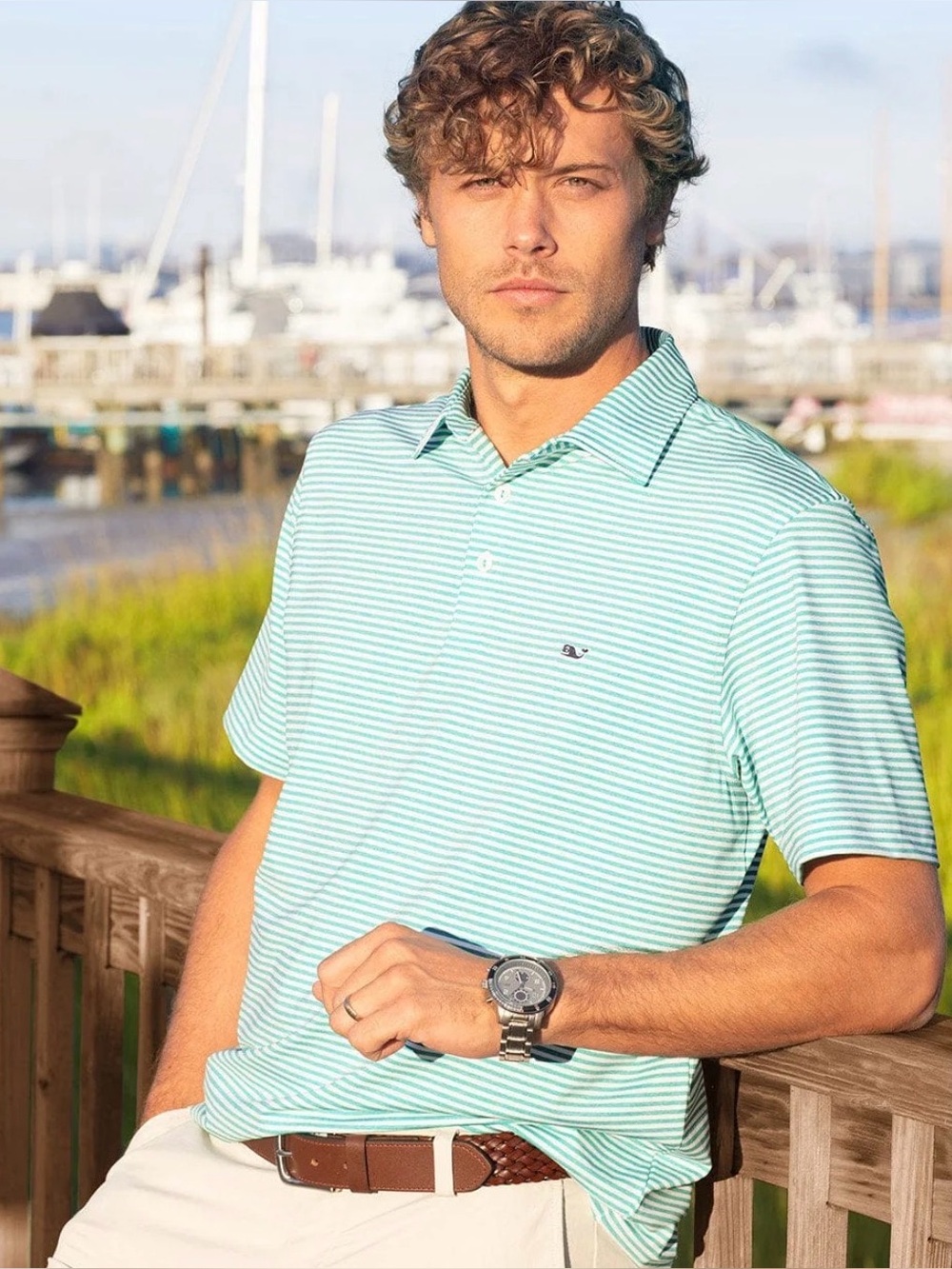 Vineyard Vines Polo Mens Performance Sankaty Stripe Short Sleeve Mint Green